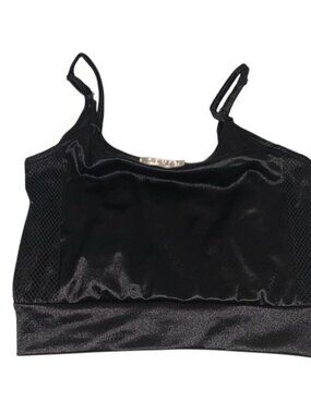 Heart & Hips Black Shiny Cropped Tank Top With Mesh Panels & Adjustable Straps -